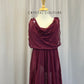 Maroon Full Length Mesh Cowl Dress - Rhinestones