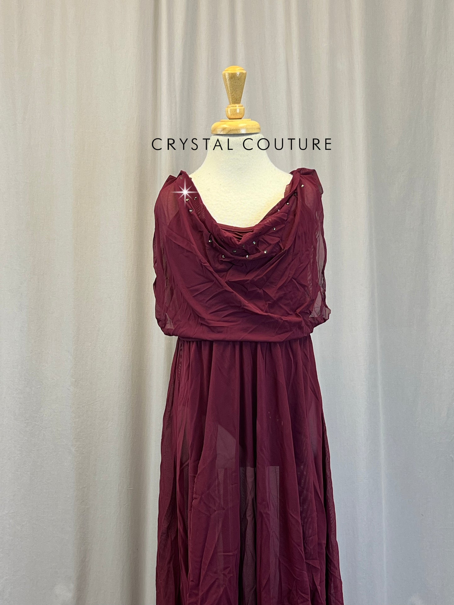 Maroon Full Length Mesh Cowl Dress - Rhinestones