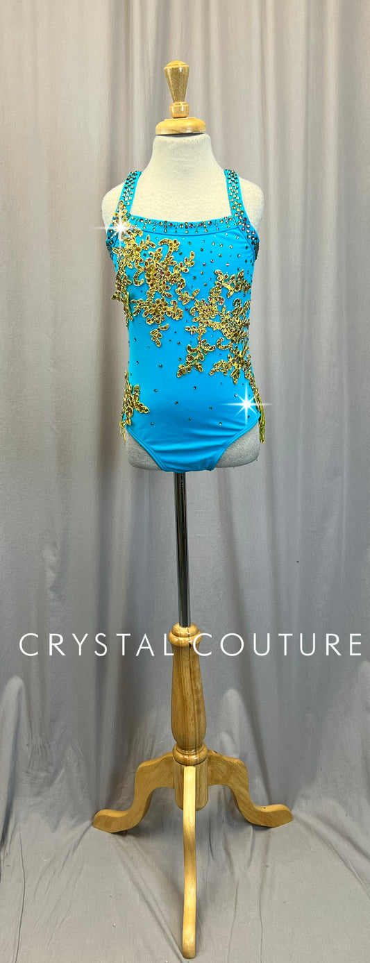 Teal/Blue and Gold Leotard - Appliques - Rhinestones