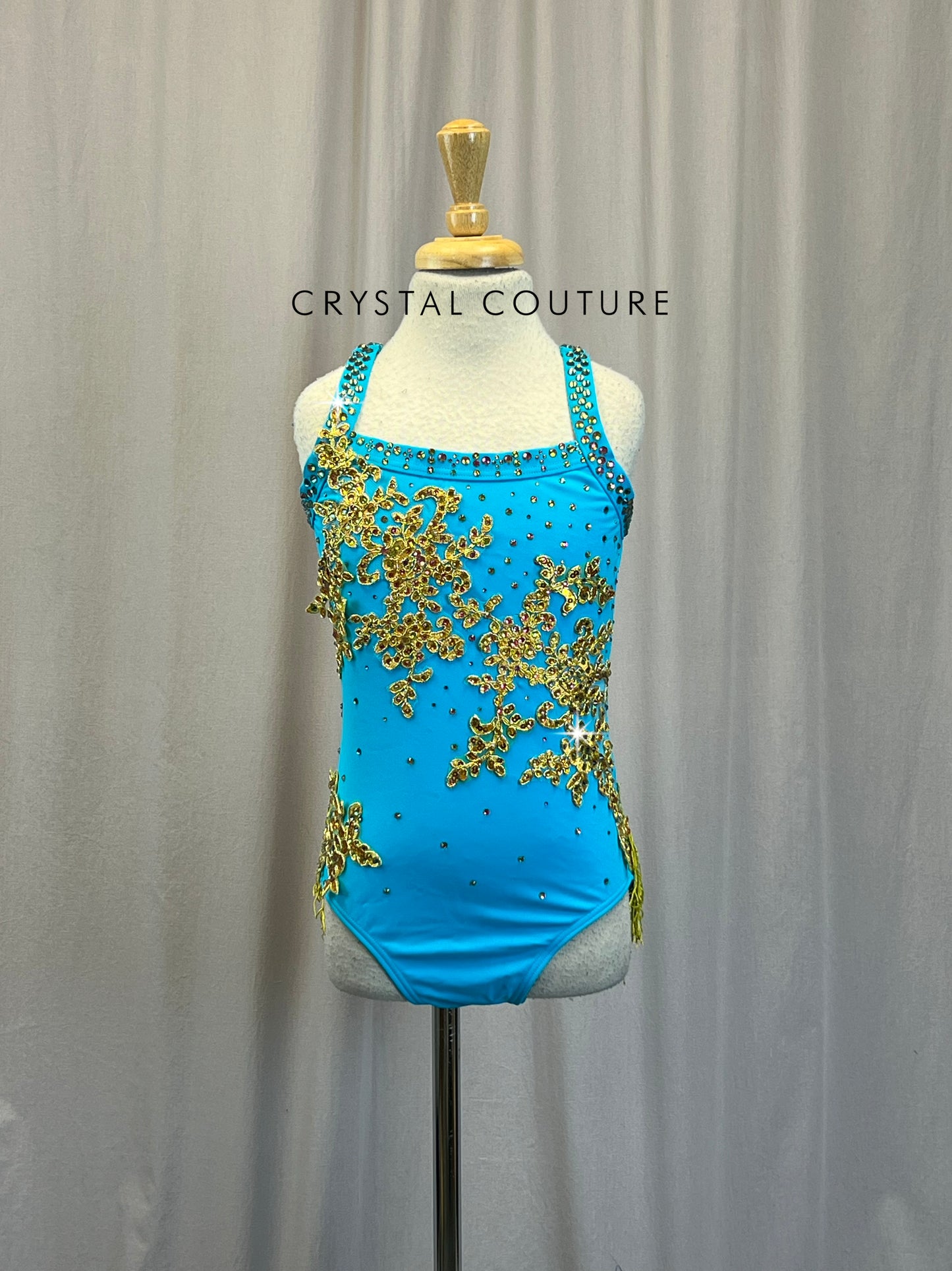 Teal/Blue and Gold Leotard - Appliques - Rhinestones