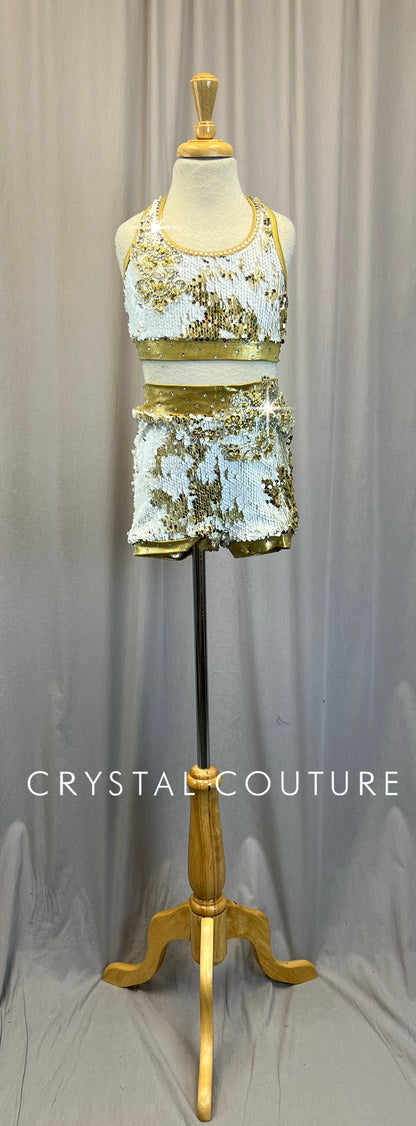 White and Gold Sequin Two-Piece Set - Rhinestones