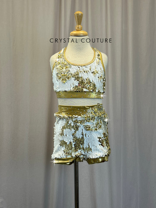 White and Gold Sequin Two-Piece Set - Rhinestones