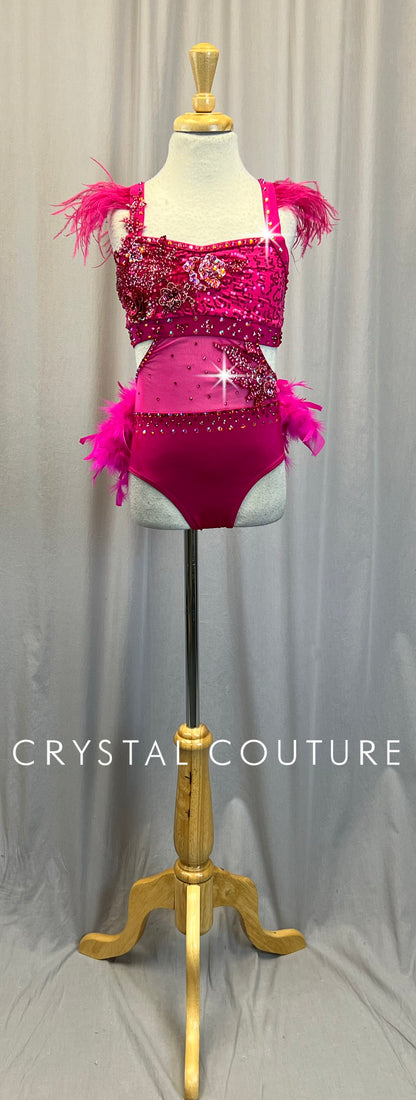 Hot Pink Feather Leotard - Appliques - Rhinestones