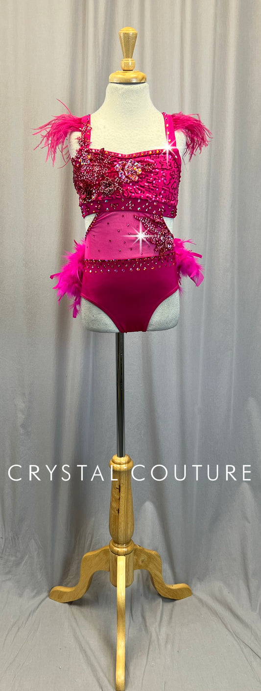 Hot Pink Feather Leotard - Appliques - Rhinestones