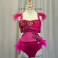 Hot Pink Feather Leotard - Appliques - Rhinestones