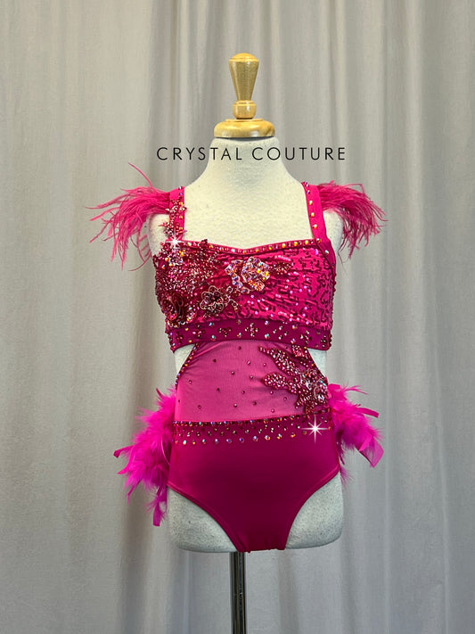 Hot Pink Feather Leotard - Appliques - Rhinestones