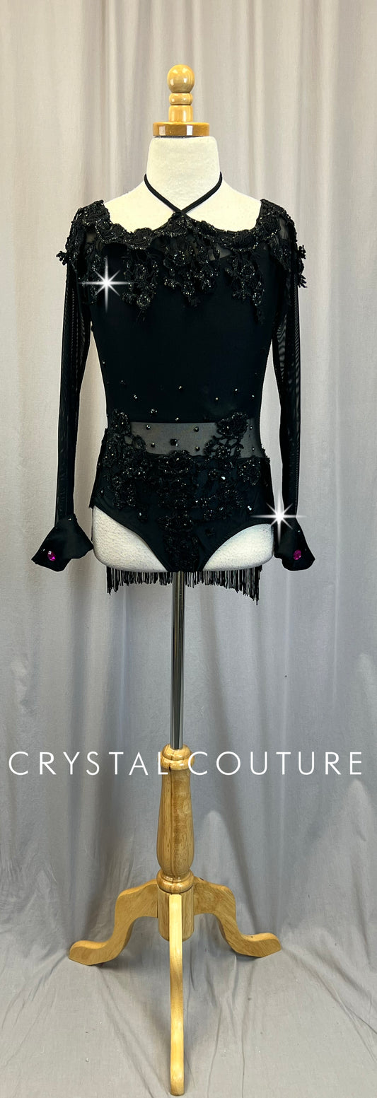 Black Glitter Applique Mesh and Fringe Long Sleeve Leotard - Rhinestones