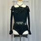 Black Glitter Applique Mesh and Fringe Long Sleeve Leotard - Rhinestones