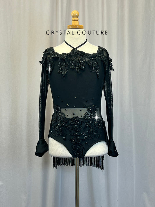 Black Glitter Applique Mesh and Fringe Long Sleeve Leotard - Rhinestones