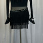 Black Glitter Applique Mesh and Fringe Long Sleeve Leotard - Rhinestones