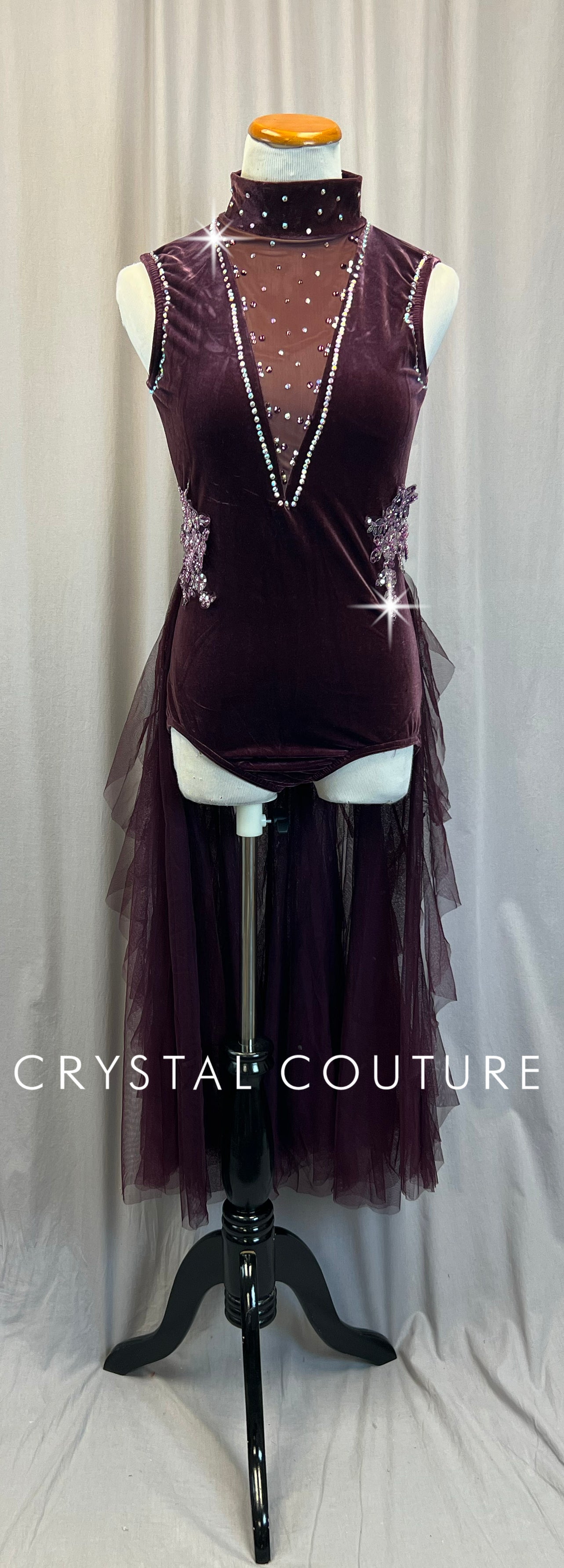 Plum Velvet Leotard with Long Mesh Half-Skirt - Rhinestones