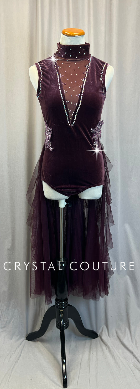 Plum Velvet Leotard with Long Mesh Half-Skirt - Rhinestones