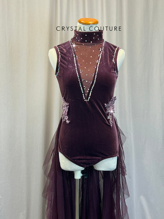 Plum Velvet Leotard with Long Mesh Half-Skirt - Rhinestones