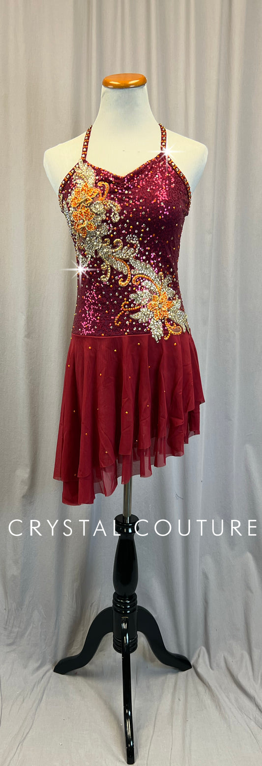 Red and Orange Sequin and Mesh Dress - Rhinestones