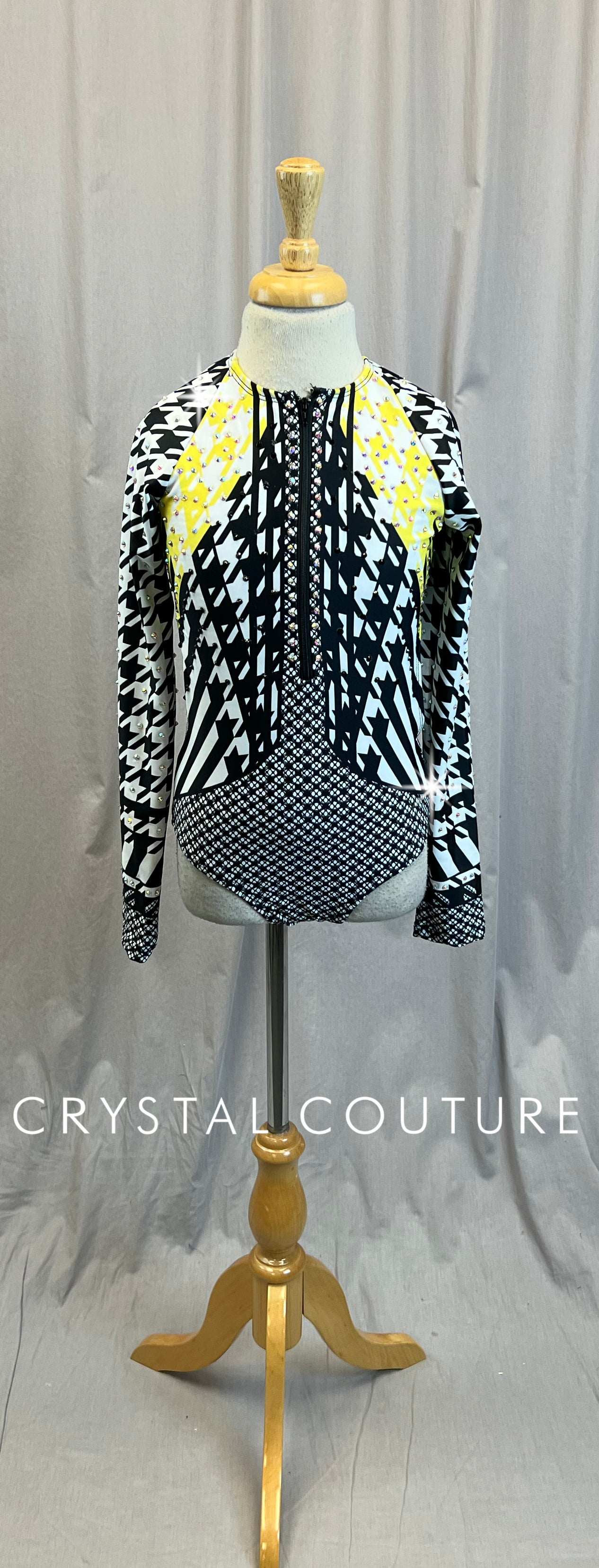 Black, White and Yellow Houndstooth Long Sleeve Leotard - Rhinestones