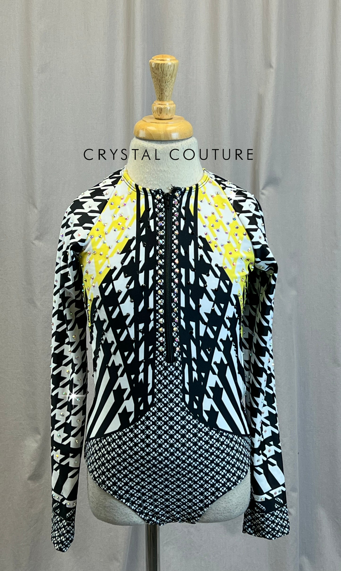 Black, White and Yellow Houndstooth Long Sleeve Leotard - Rhinestones