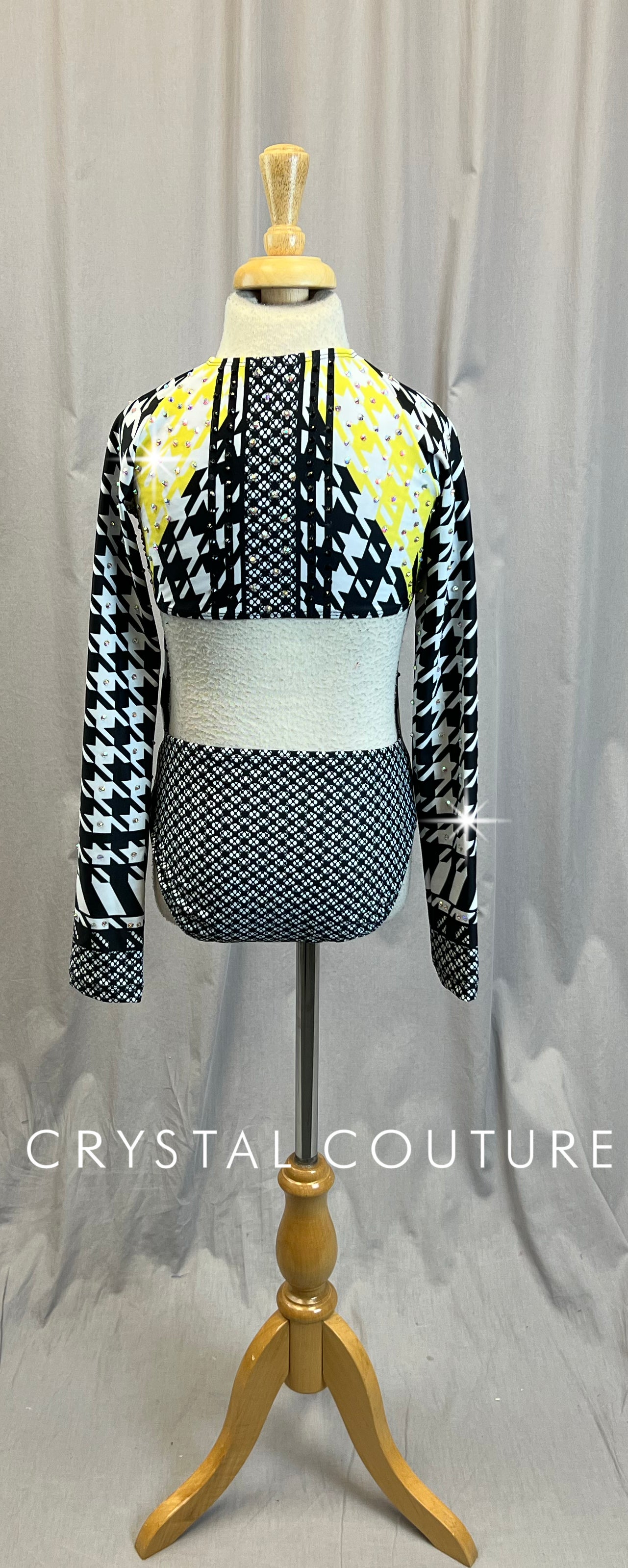 Black, White and Yellow Houndstooth Long Sleeve Leotard - Rhinestones