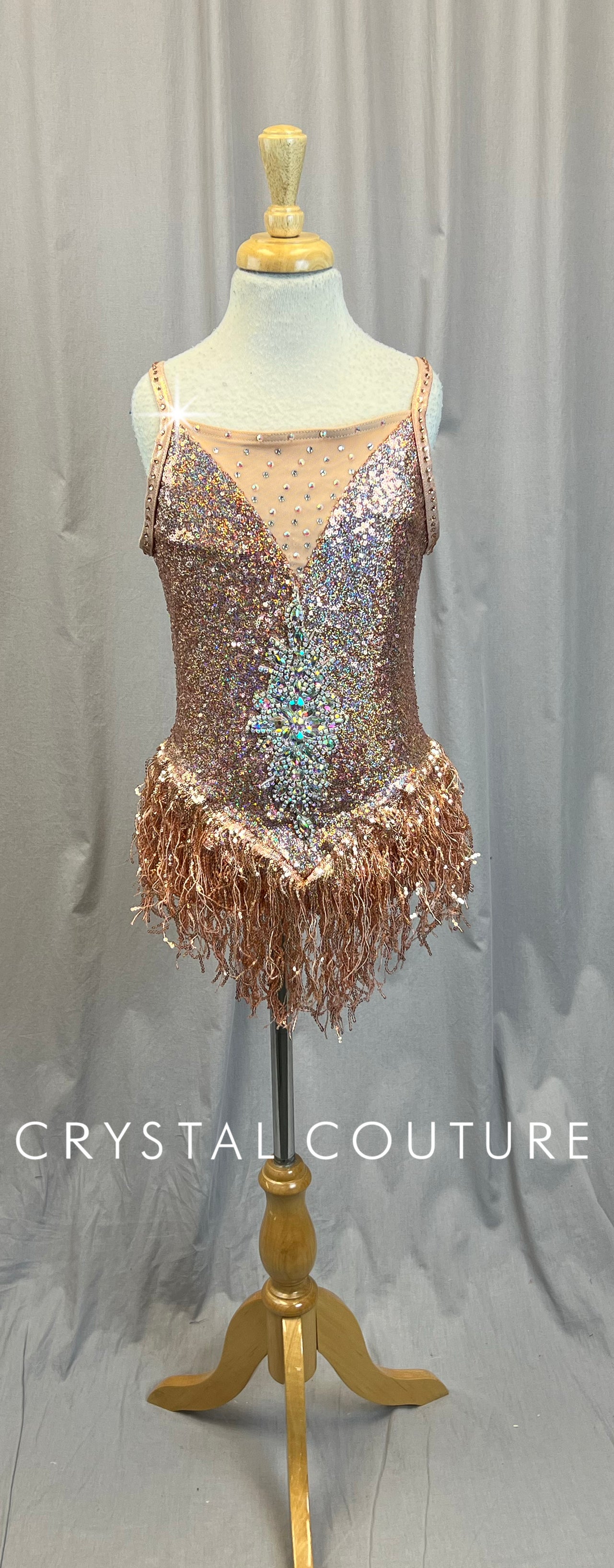 Rose Gold Sequin Leotard with a Gemstone Embellishment - Rhinestones