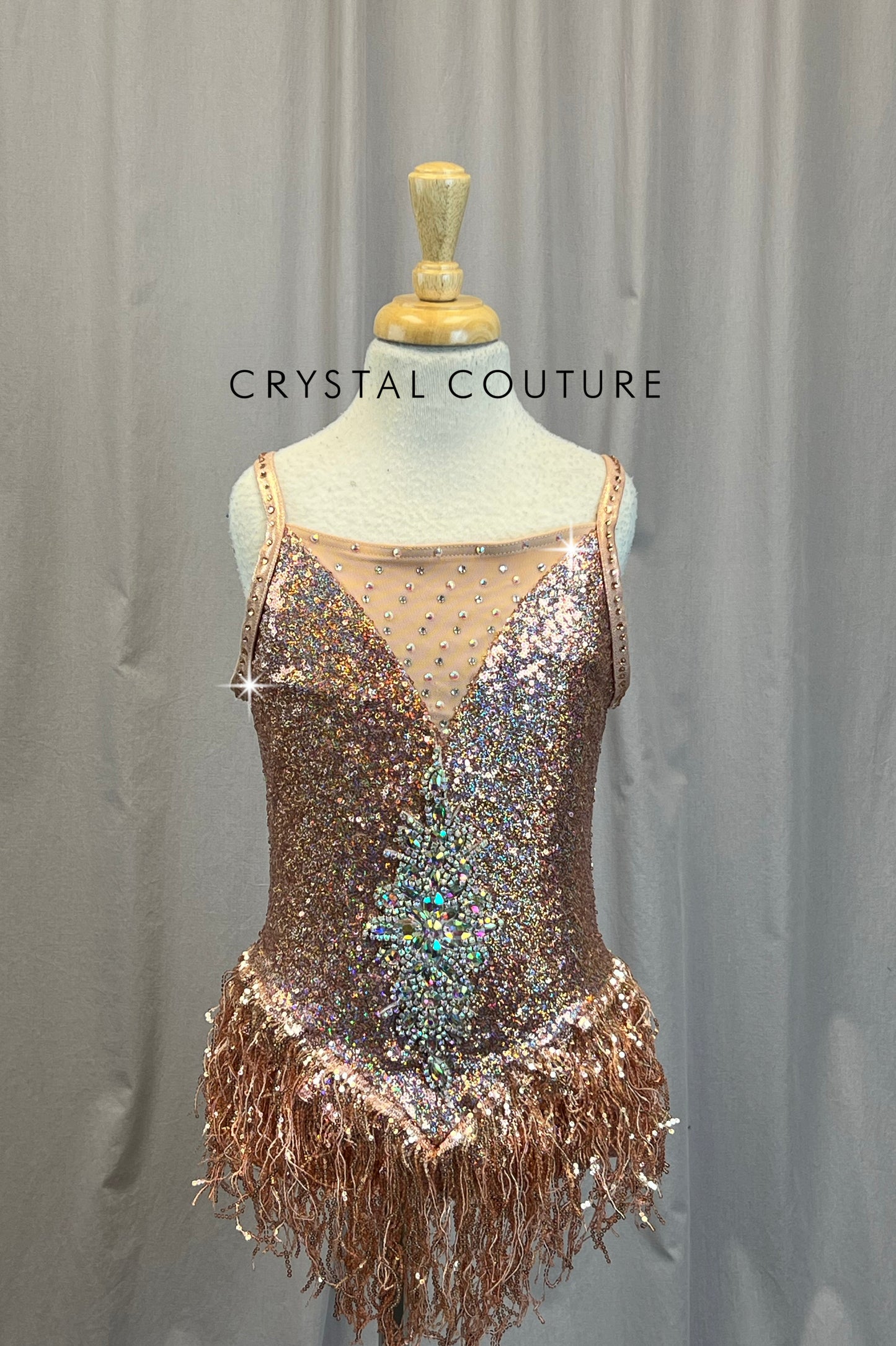 Rose Gold Sequin Leotard with a Gemstone Embellishment - Rhinestones