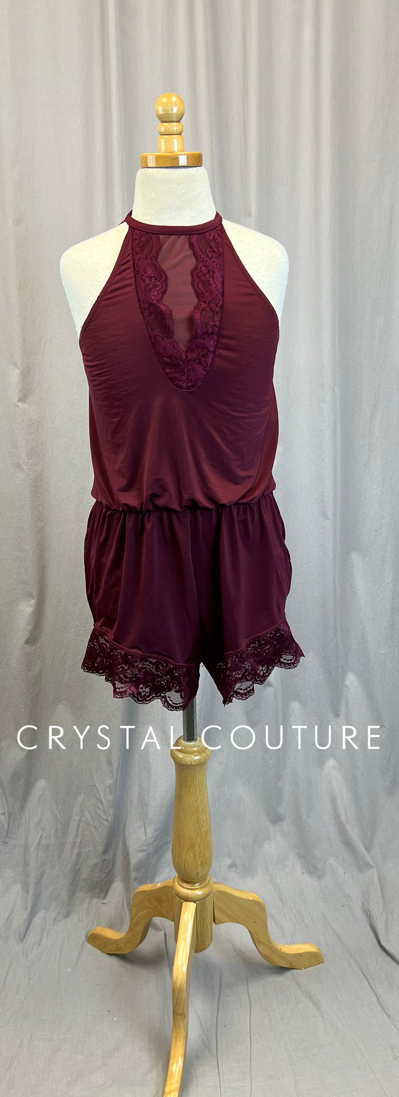 Burgundy Nylon and Lace Romper with Built-in Biketard