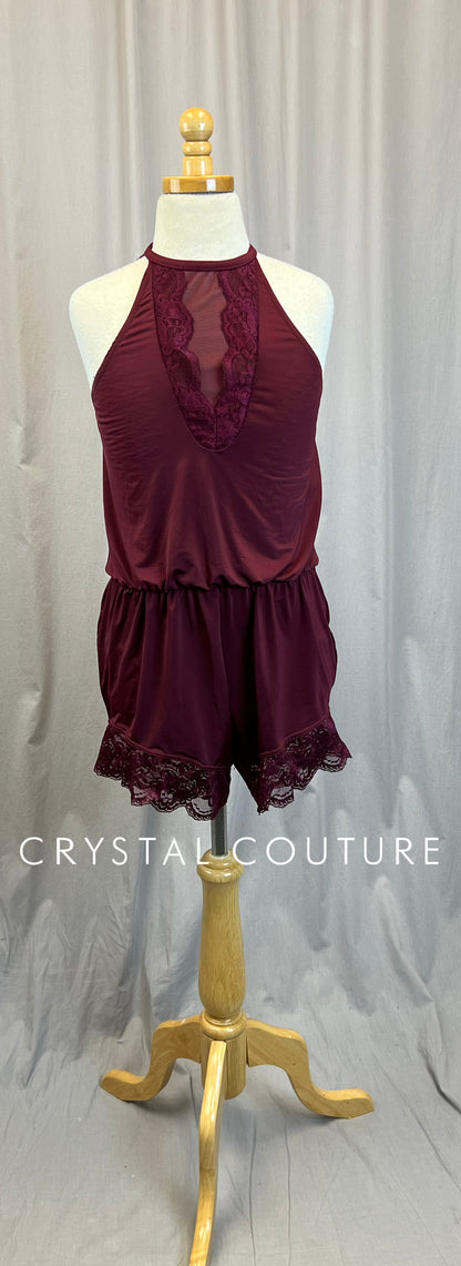 Burgundy Nylon and Lace Romper with Built-in Biketard