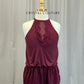 Burgundy Nylon and Lace Romper with Built-in Biketard