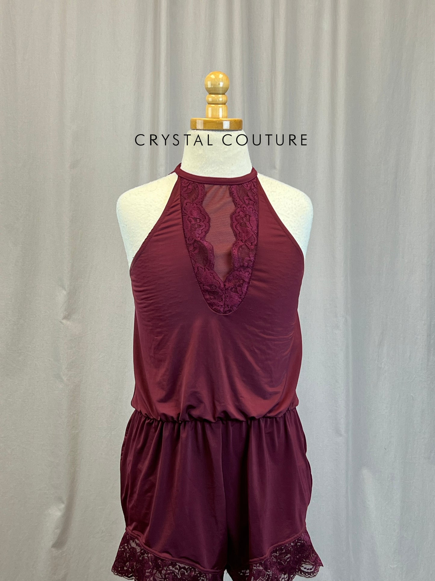 Burgundy Nylon and Lace Romper with Built-in Biketard