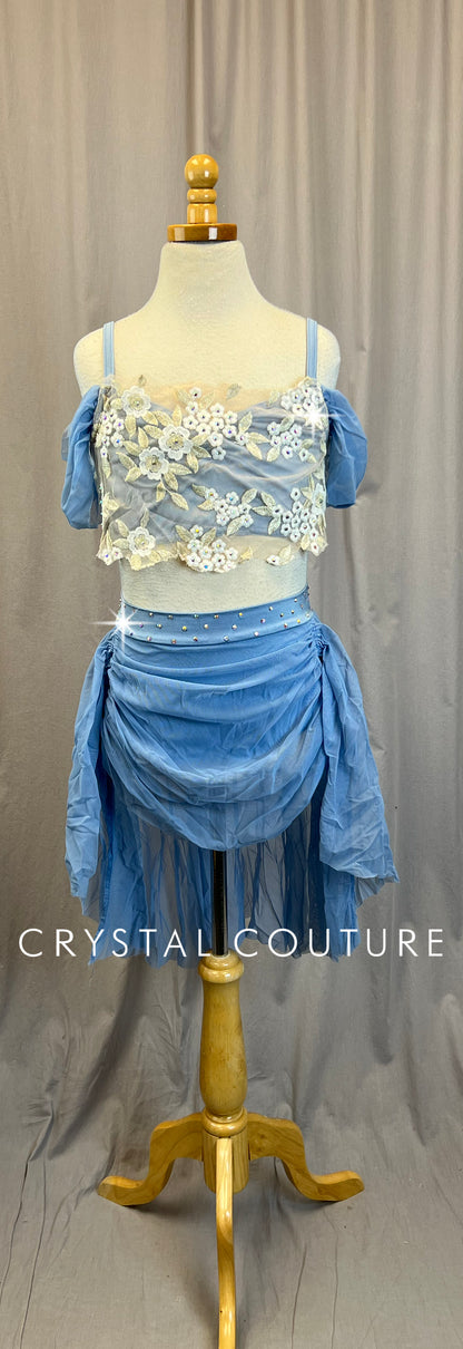 Powder Blue + Ivory Floral Mesh Two-Piece Set - Rhinestones