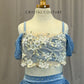 Powder Blue + Ivory Floral Mesh Two-Piece Set - Rhinestones