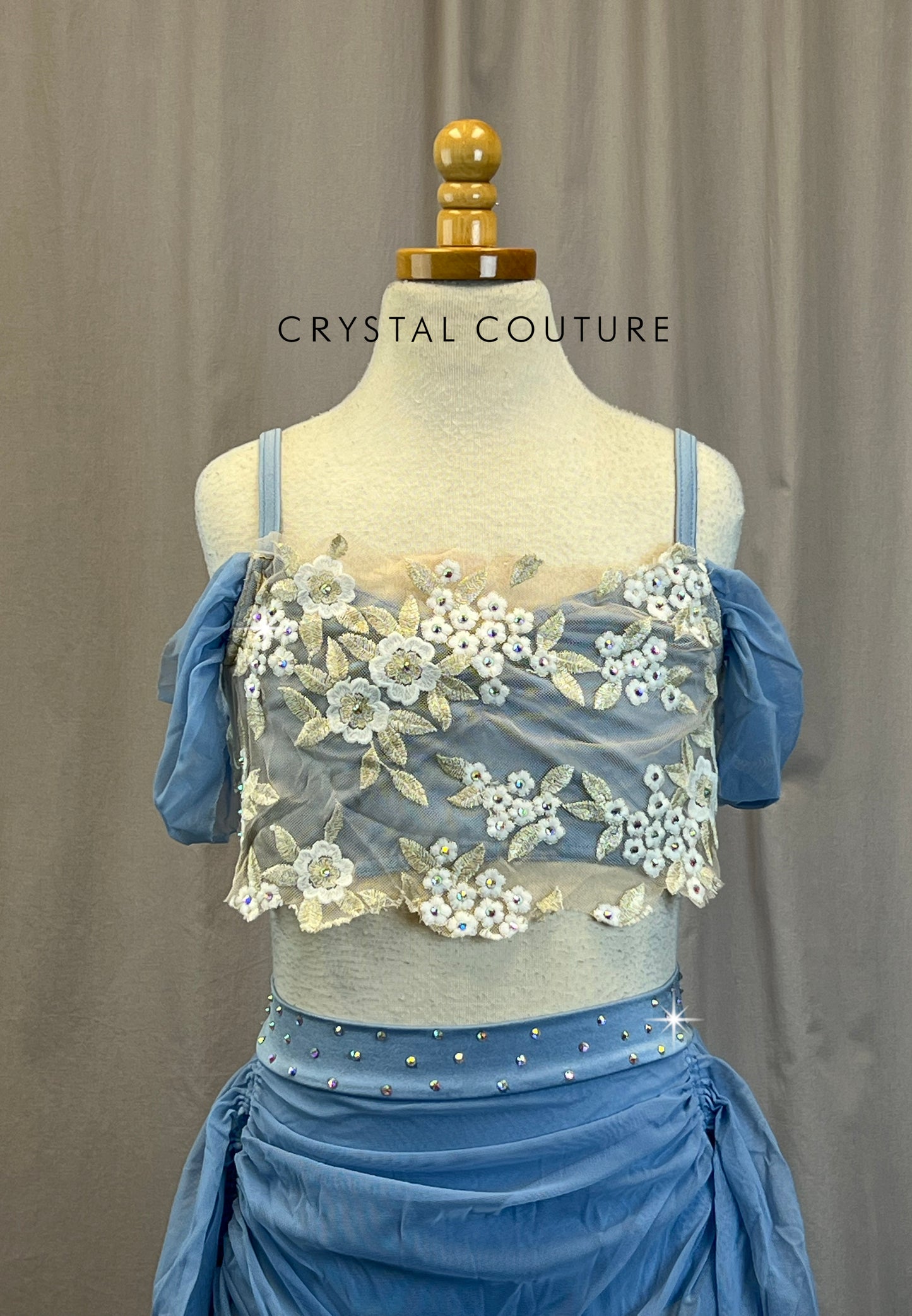 Powder Blue + Ivory Floral Mesh Two-Piece Set - Rhinestones