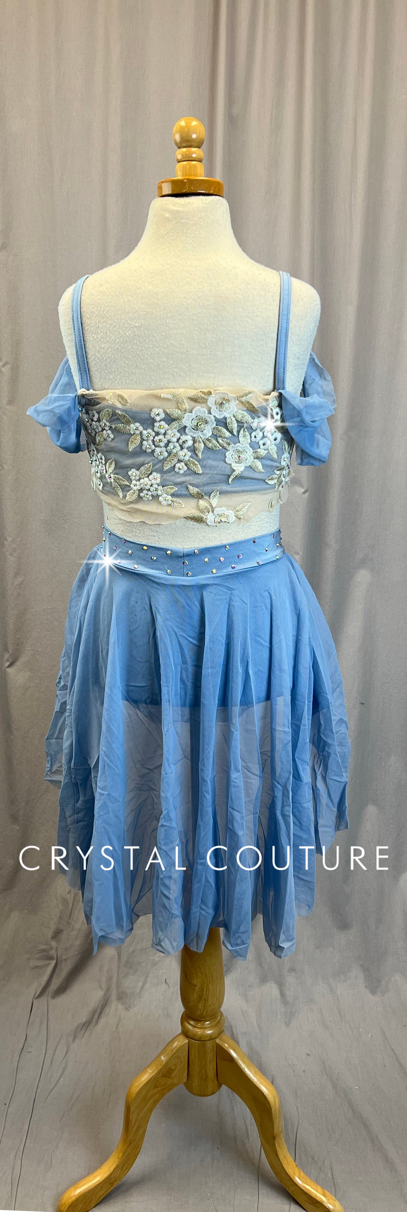 Powder Blue + Ivory Floral Mesh Two-Piece Set - Rhinestones