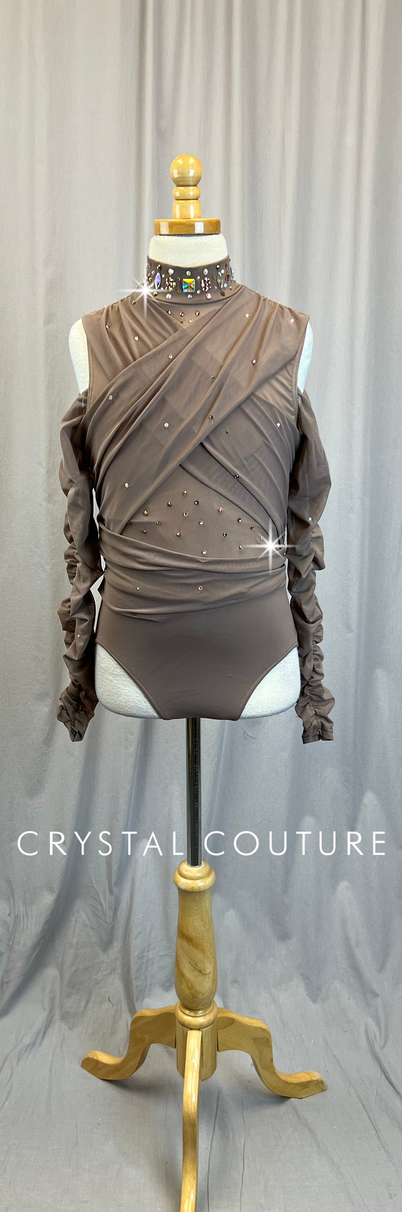 Brown Mesh Ruched Long Sleeve Leotard -Rhinestones