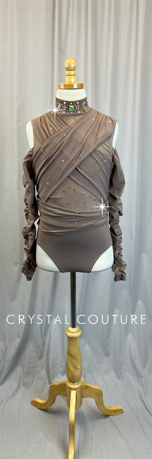 Brown Mesh Ruched Long Sleeve Leotard -Rhinestones