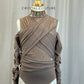 Brown Mesh Ruched Long Sleeve Leotard -Rhinestones