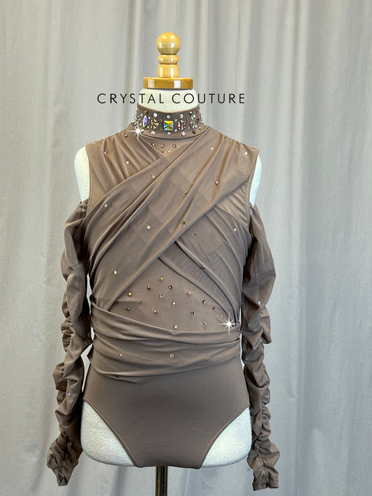 Brown Mesh Ruched Long Sleeve Leotard -Rhinestones