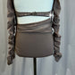 Brown Mesh Ruched Long Sleeve Leotard -Rhinestones