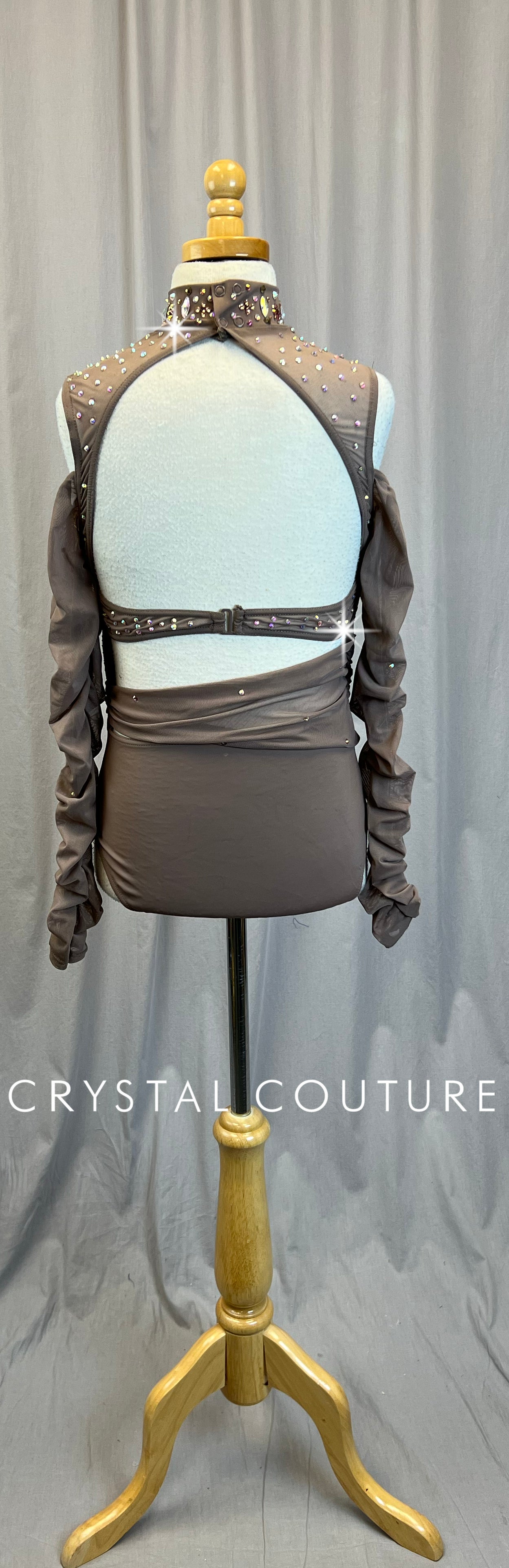 Brown Mesh Ruched Long Sleeve Leotard -Rhinestones