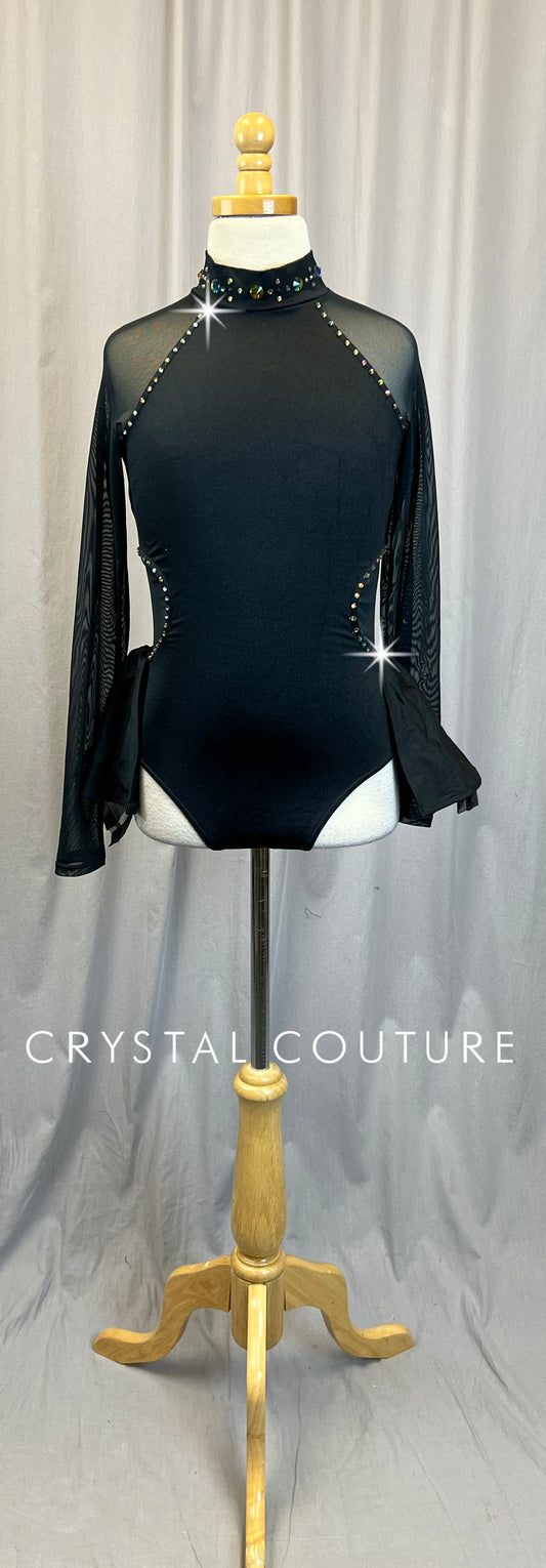 Black Long Sleeve Bustle Skirt Leotard - Rhinestones