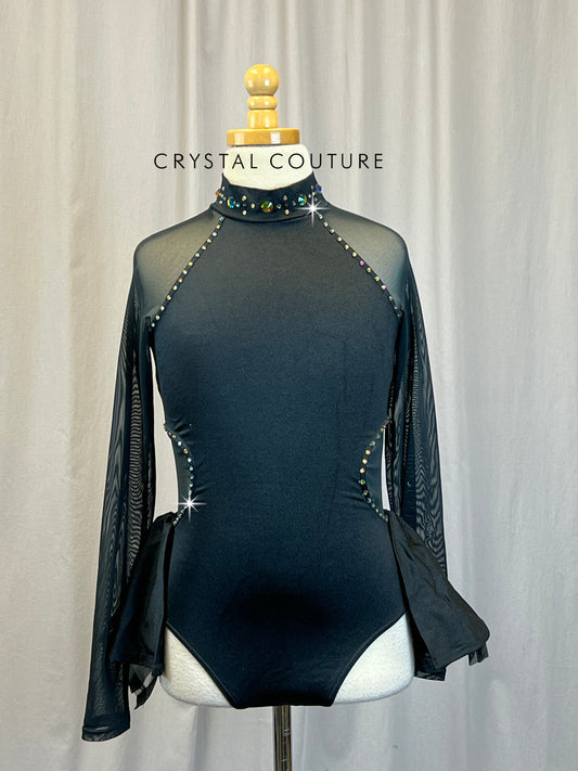 Black Long Sleeve Bustle Skirt Leotard - Rhinestones