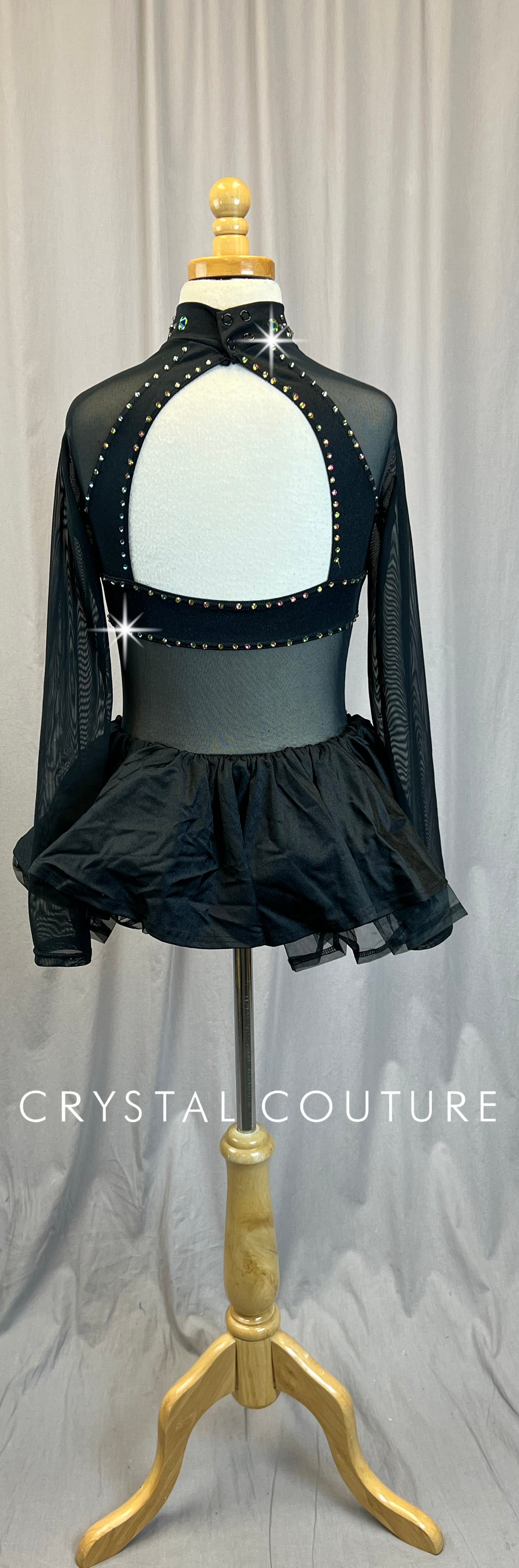Black Long Sleeve Bustle Skirt Leotard - Rhinestones