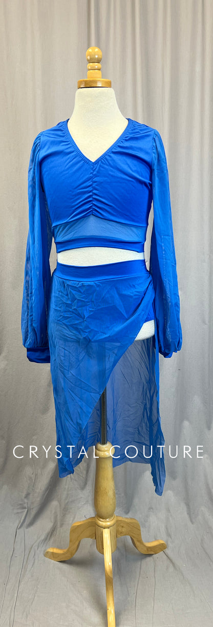 Blue Mesh Long Sleeve and Mesh Skirt Two-Piece Set