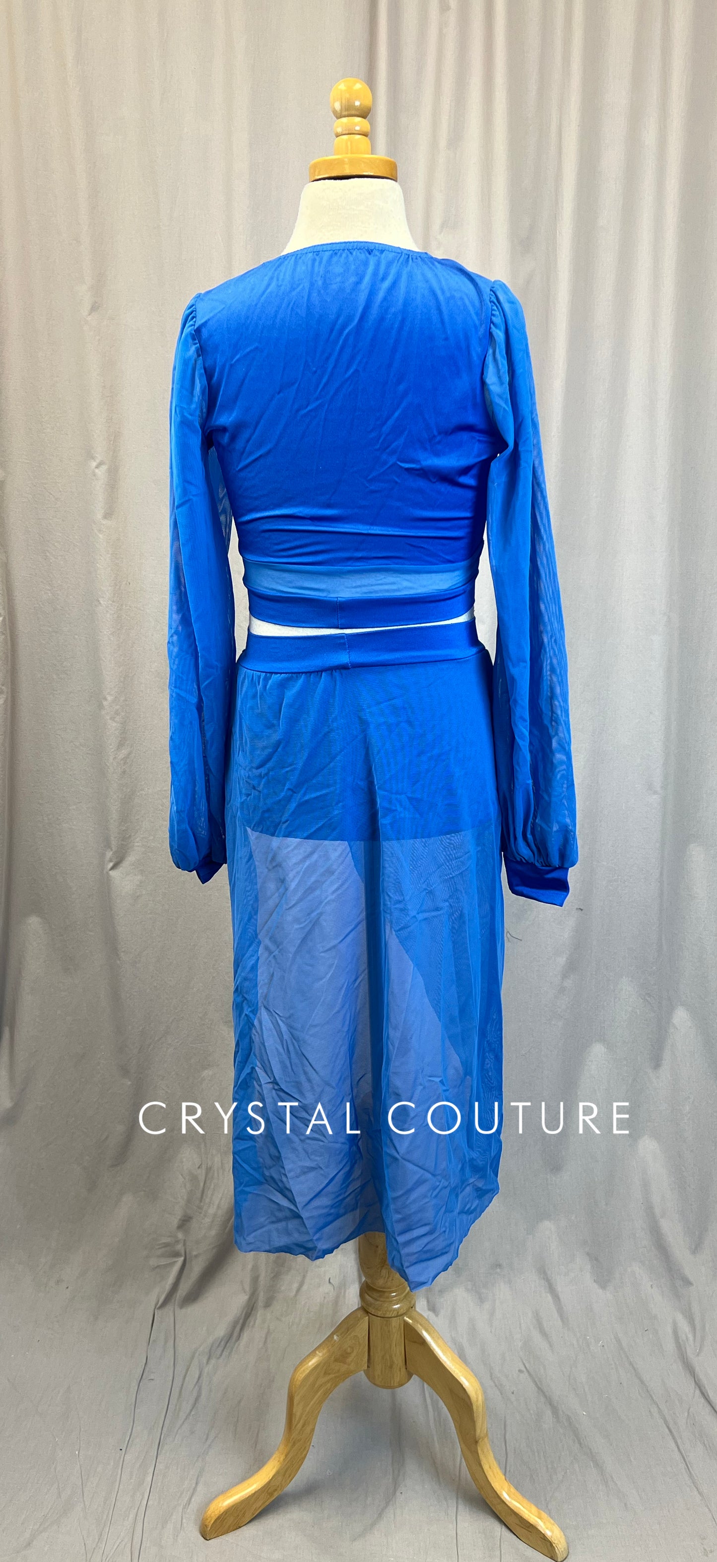 Blue Mesh Long Sleeve and Mesh Skirt Two-Piece Set