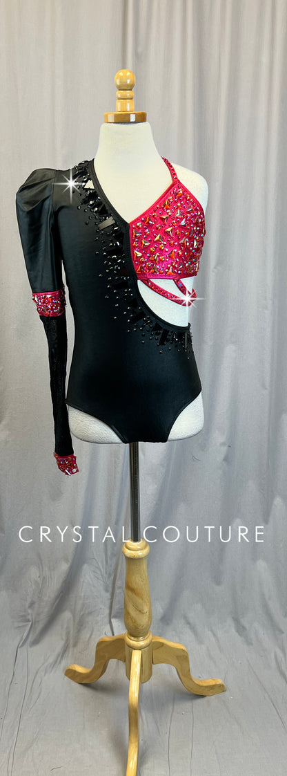 Black and Pink One Sleeve Gemstone Leotard - Rhinestones