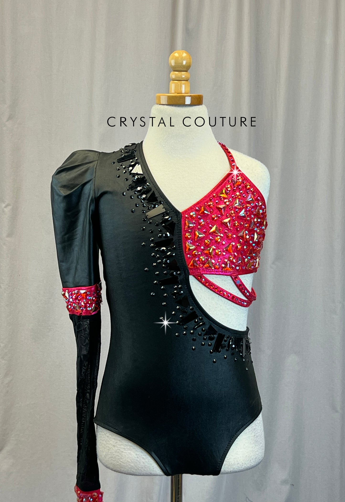 Black and Pink One Sleeve Gemstone Leotard - Rhinestones