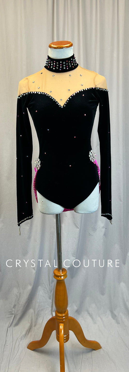 Black Velvet Long Sleeve Leotard with a Hot Pink Half Skirt - Rhinestones