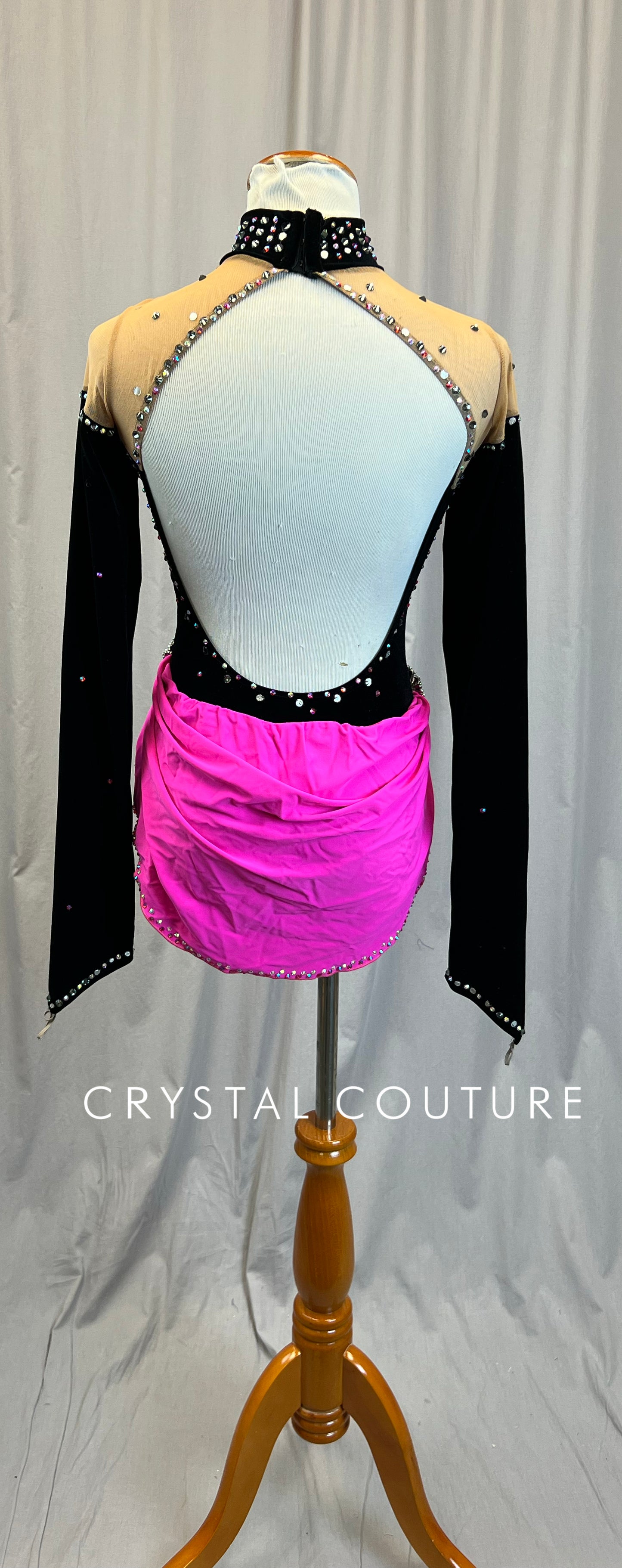 Black Velvet Long Sleeve Leotard with a Hot Pink Half Skirt - Rhinestones