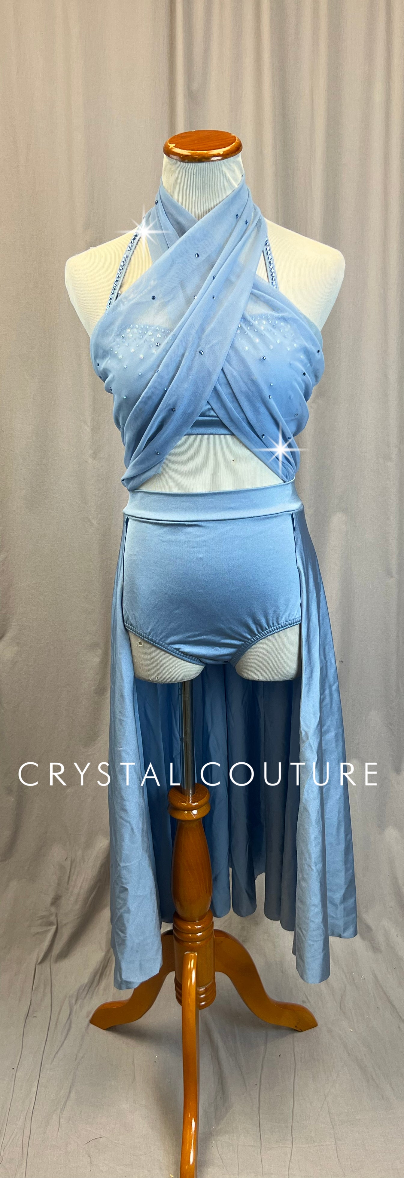 Light Blue Mesh Crop Top and Skirt Leotard - Rhinestones