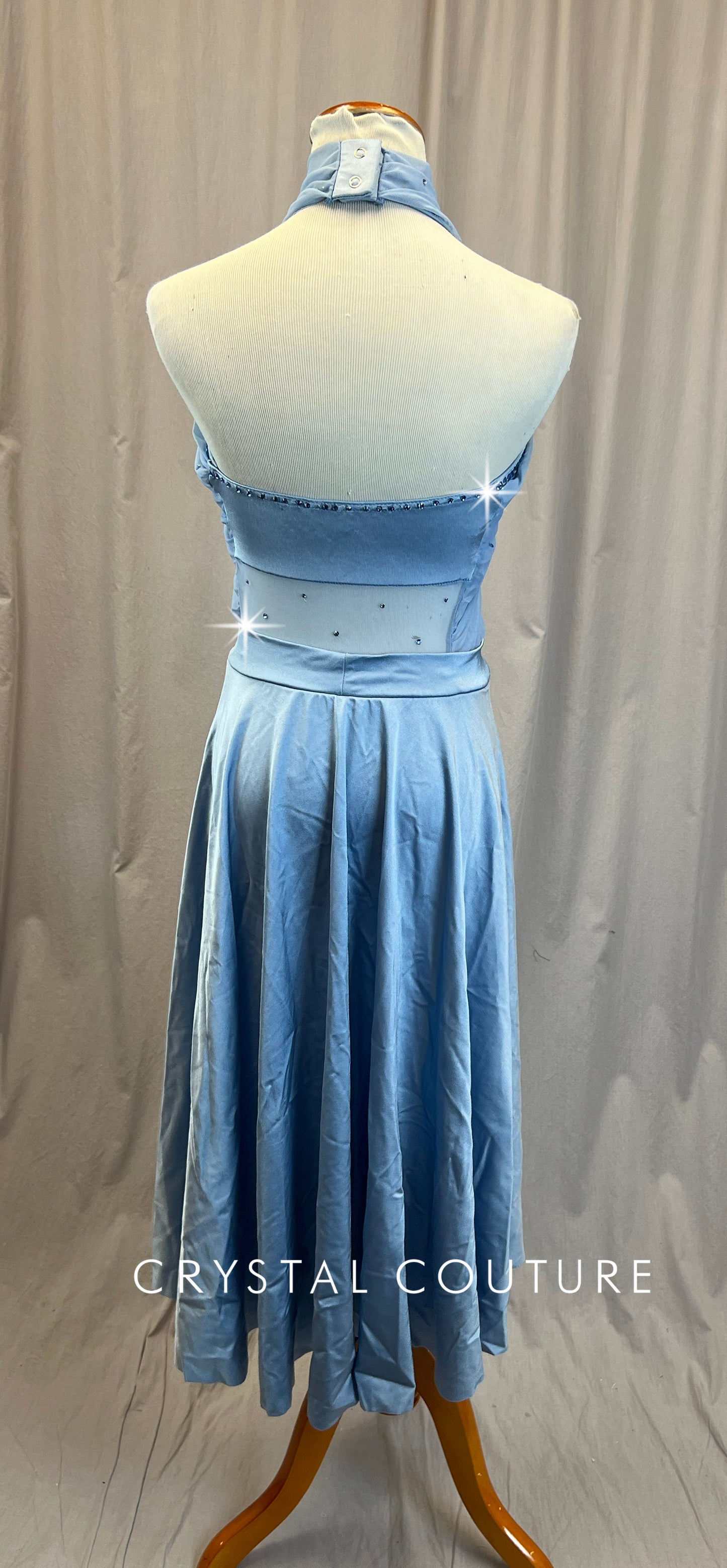 Light Blue Mesh Crop Top and Skirt Leotard - Rhinestones