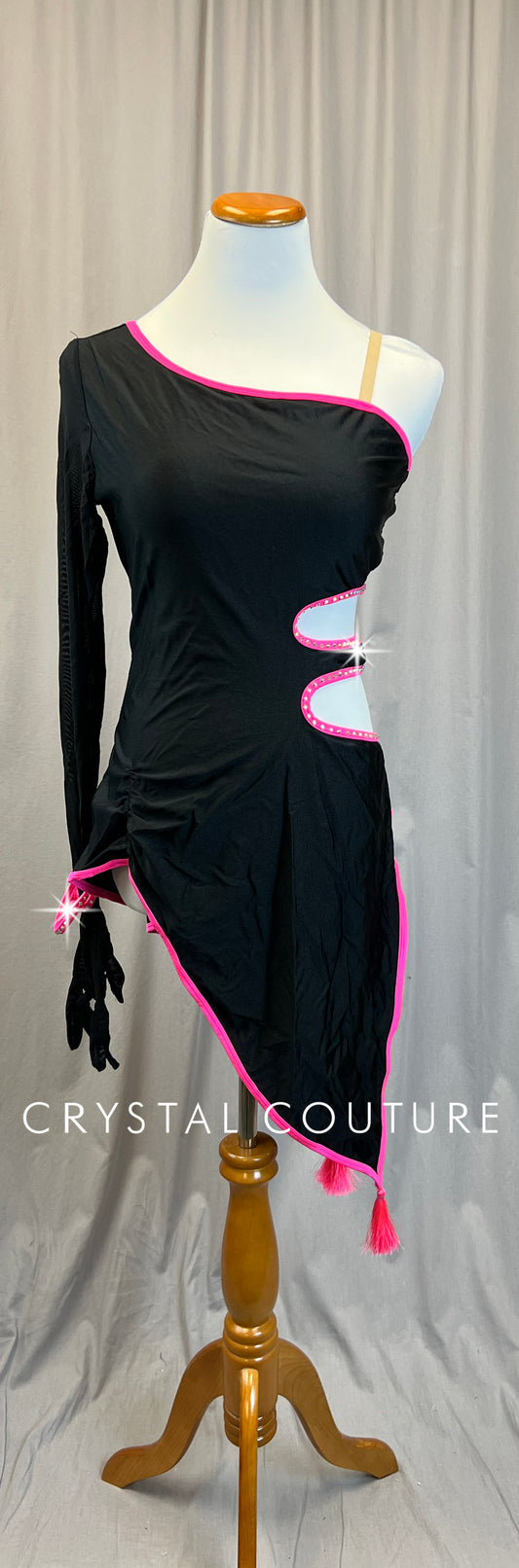Black Dress with Pink Accents and Mesh Sleeve/Glove - Rhinestones