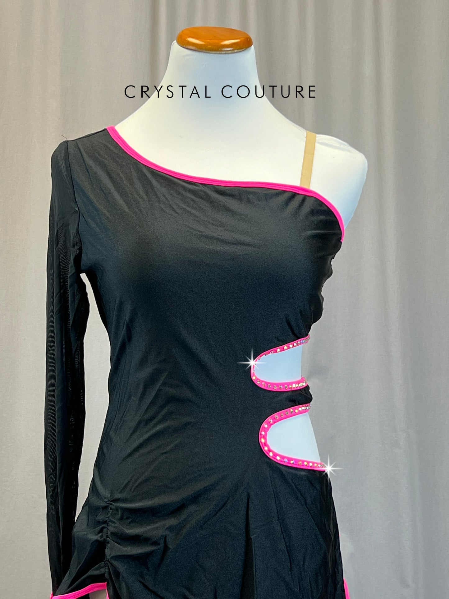 Black Dress with Pink Accents and Mesh Sleeve/Glove - Rhinestones